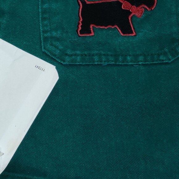 In Design 6 Girls Green Cotton Denim Jumper Dress Scotty Dog Bow Pockets Vintage - Picture 6 of 9